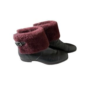 Ugg Australia Inez Black Leather Buckle Ankle Boots With Red Shearling Trim 9 40
